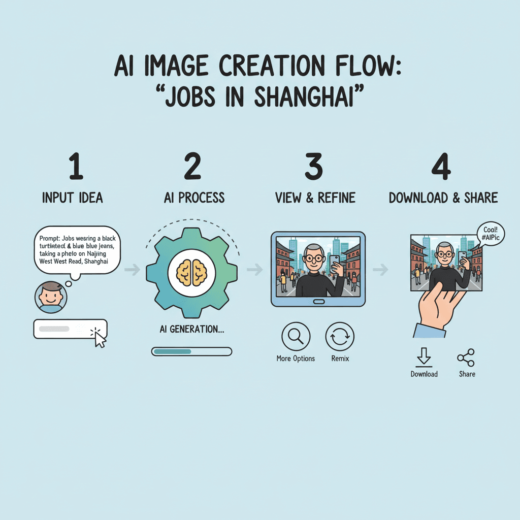 使用步骤:通过AI工具Nano Banana Pro轻松创建乔布斯上海打卡旅行示例,简化流程指导。