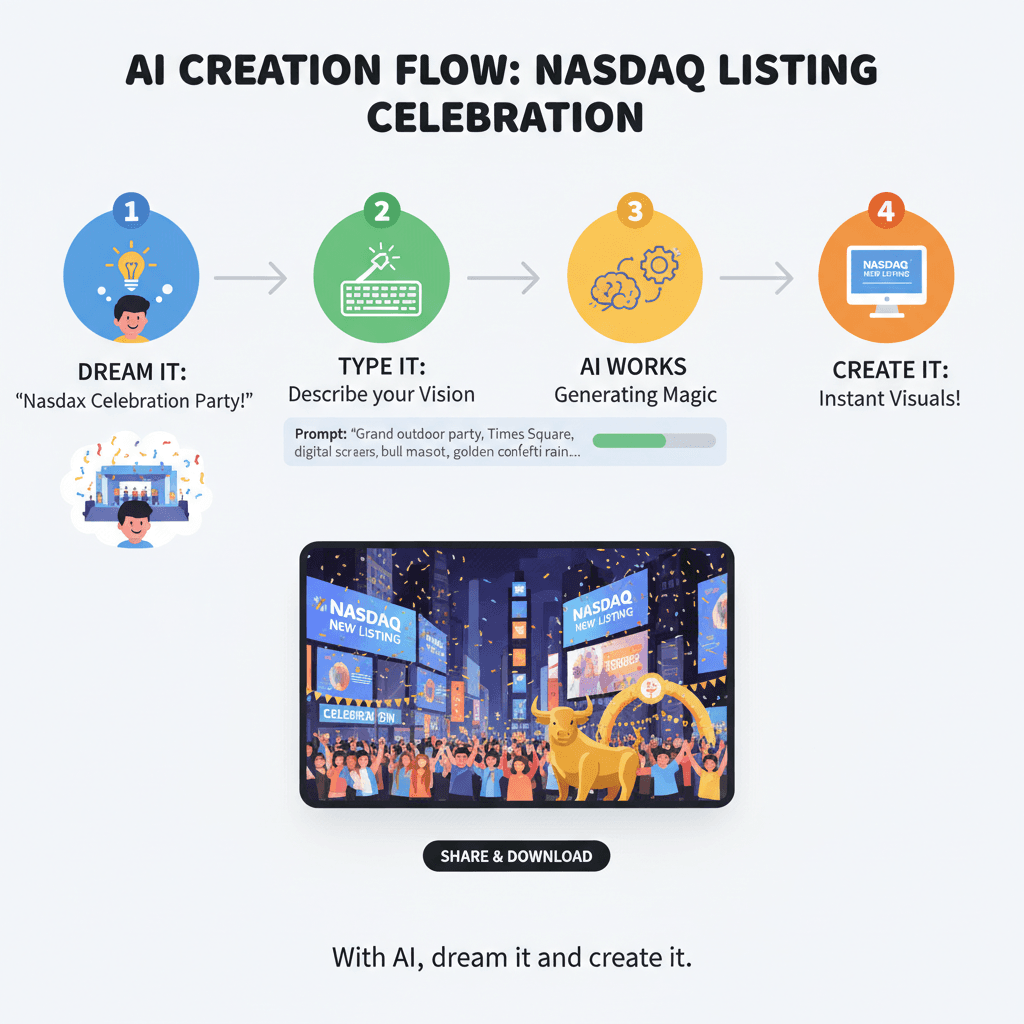 使用步骤:通过AI工具Nano Banana Pro轻松创建纳斯达克上市庆祝艺术作品。