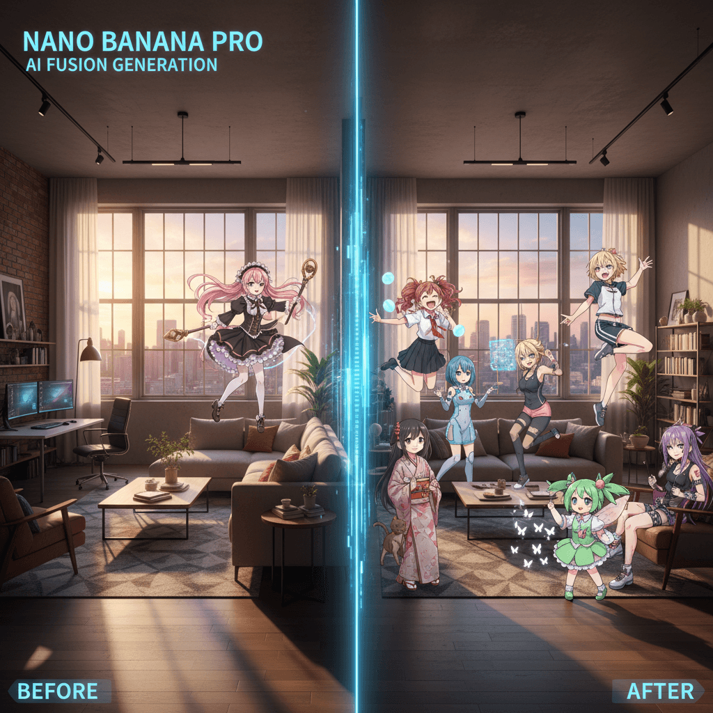 使用Nano Banana Pro生成的AI生成动漫角色与写实场景融合的精美合成示例。