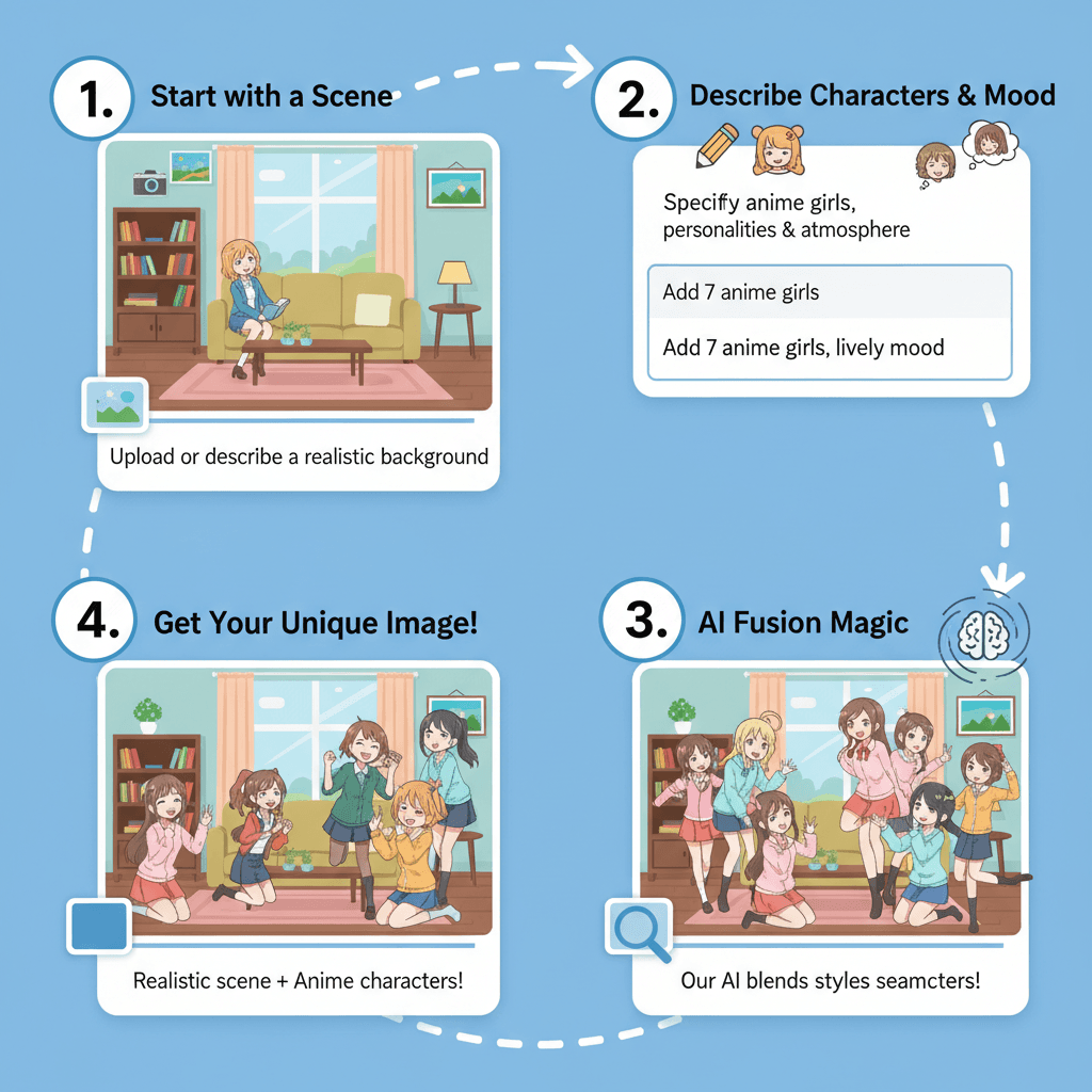 使用步骤:轻松融合动漫角色与写实场景,使用AI工具Nano Banana Pro生成美丽合成图像。