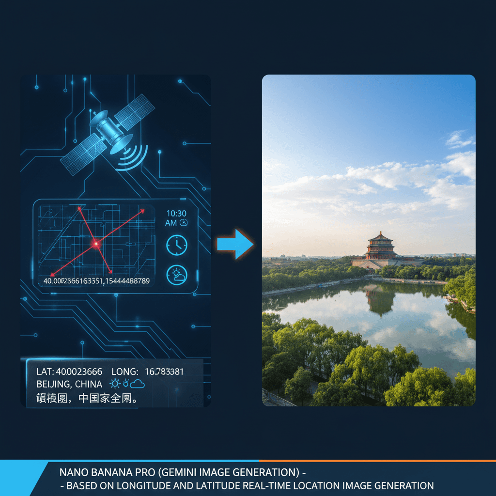 使用Nano Banana Pro生成的基于经纬度的实时地点生图,展现精美旅行示例,AI生成。
