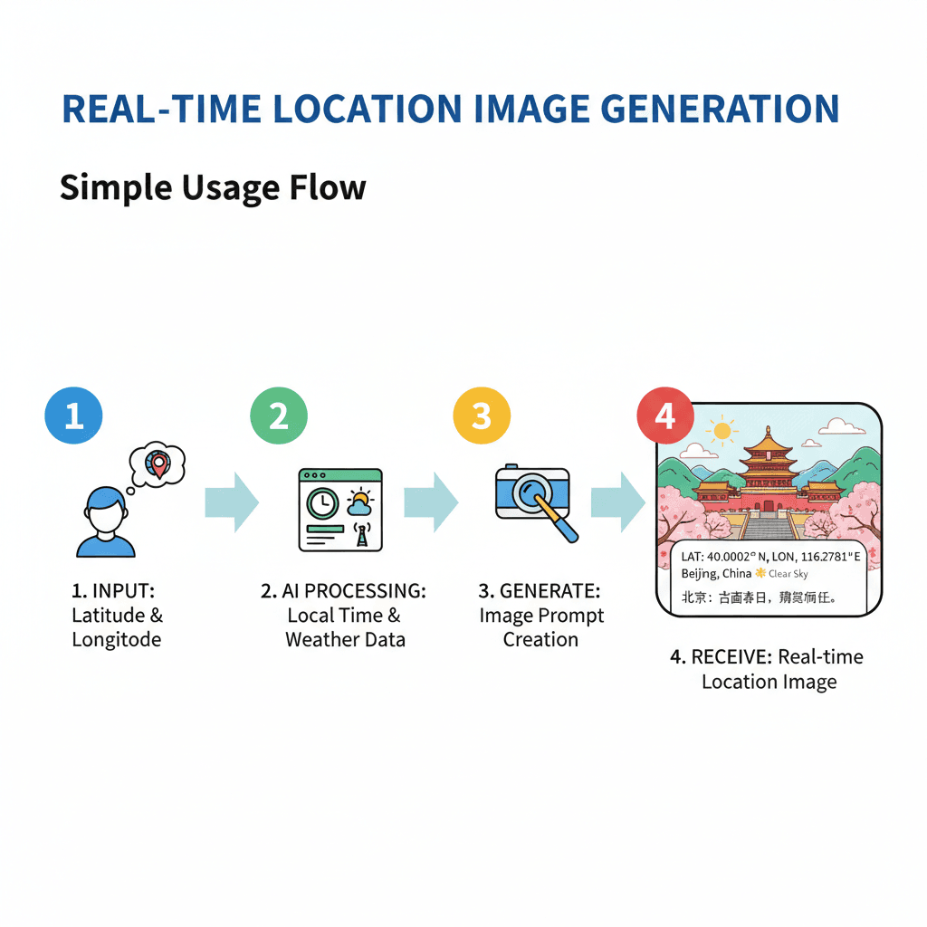使用步骤:通过AI工具Nano Banana Pro生成基于经纬度的实时地点生图,轻松创建旅行示例。