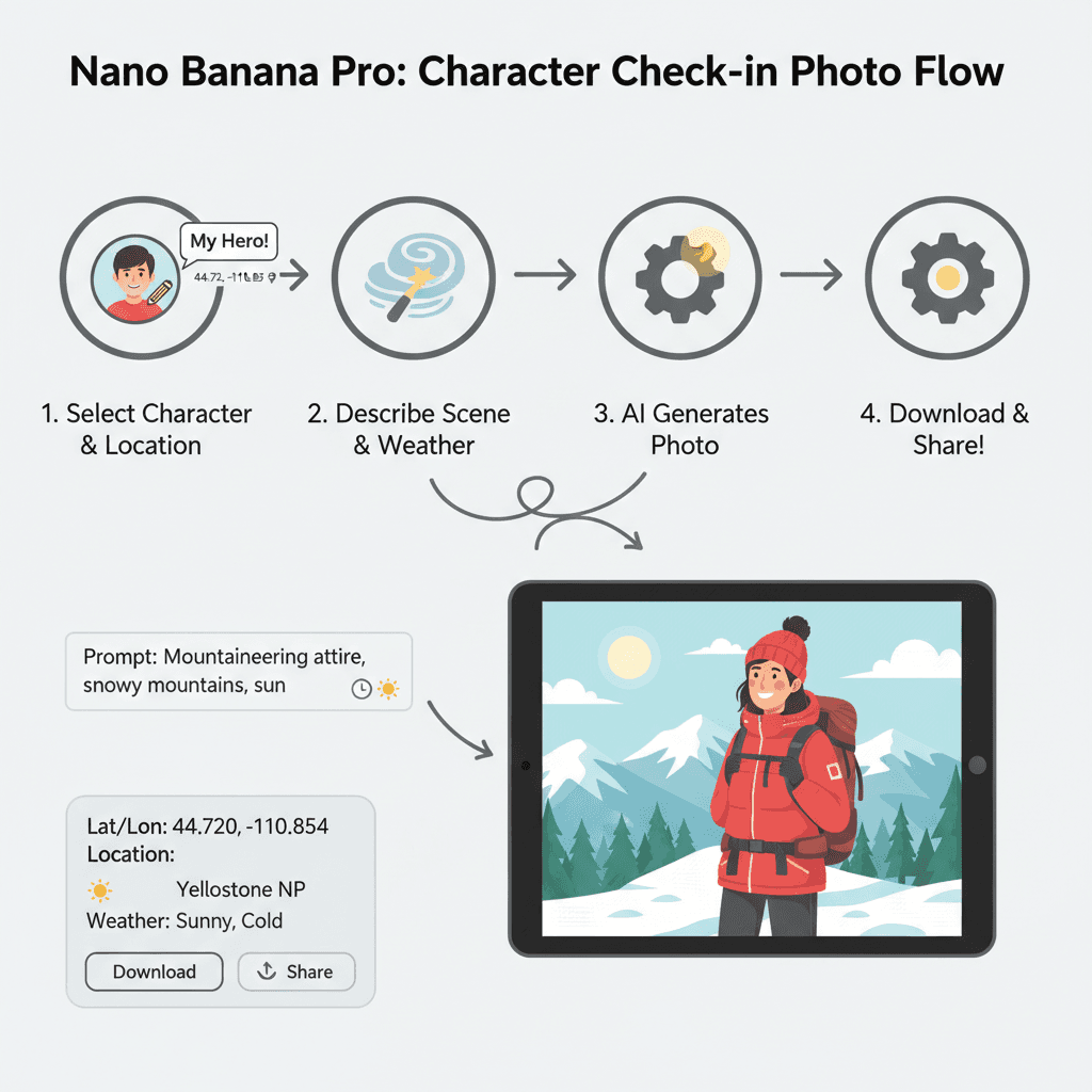 使用步骤:通过AI工具Nano Banana Pro生成精美旅行打卡照片,轻松记录美好瞬间。