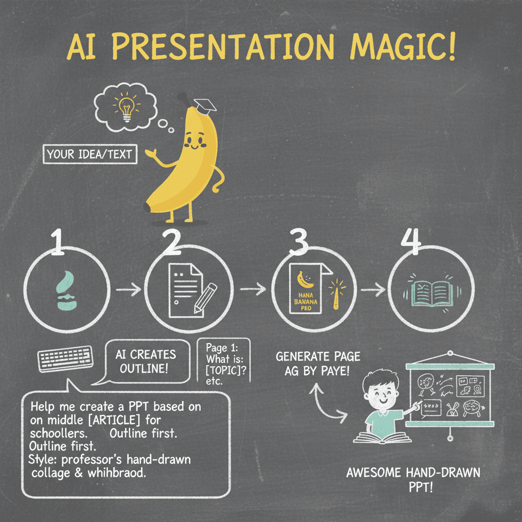 手绘板书风格PPT生成的使用步骤,展示Nano Banana Pro AI工具的易用性和流程指导。