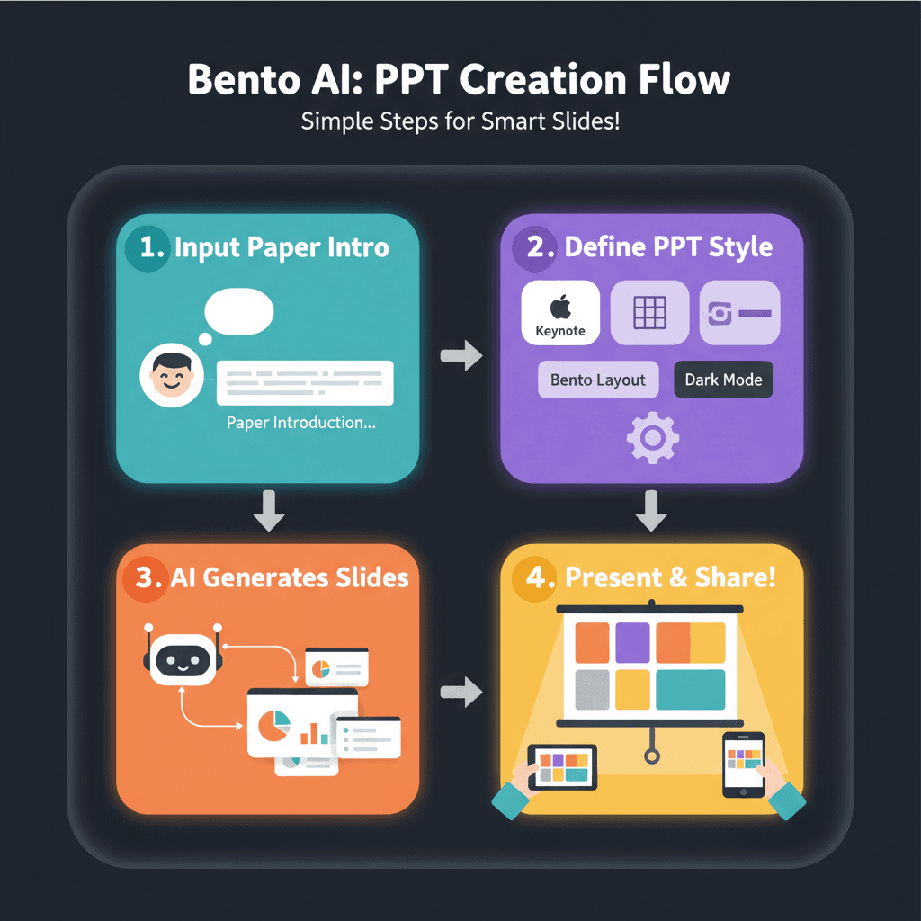 使用步骤:简洁易用的AI工具,Nano Banana Pro创建Bento便当盒风格PPT演示。