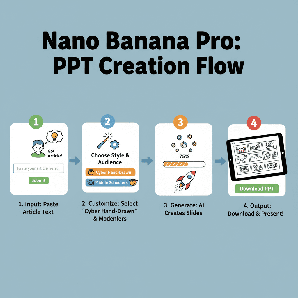 Alt文本:简洁流程图展示使用步骤,利用AI工具Nano Banana Pro轻松创建赛博手绘风格PPT。