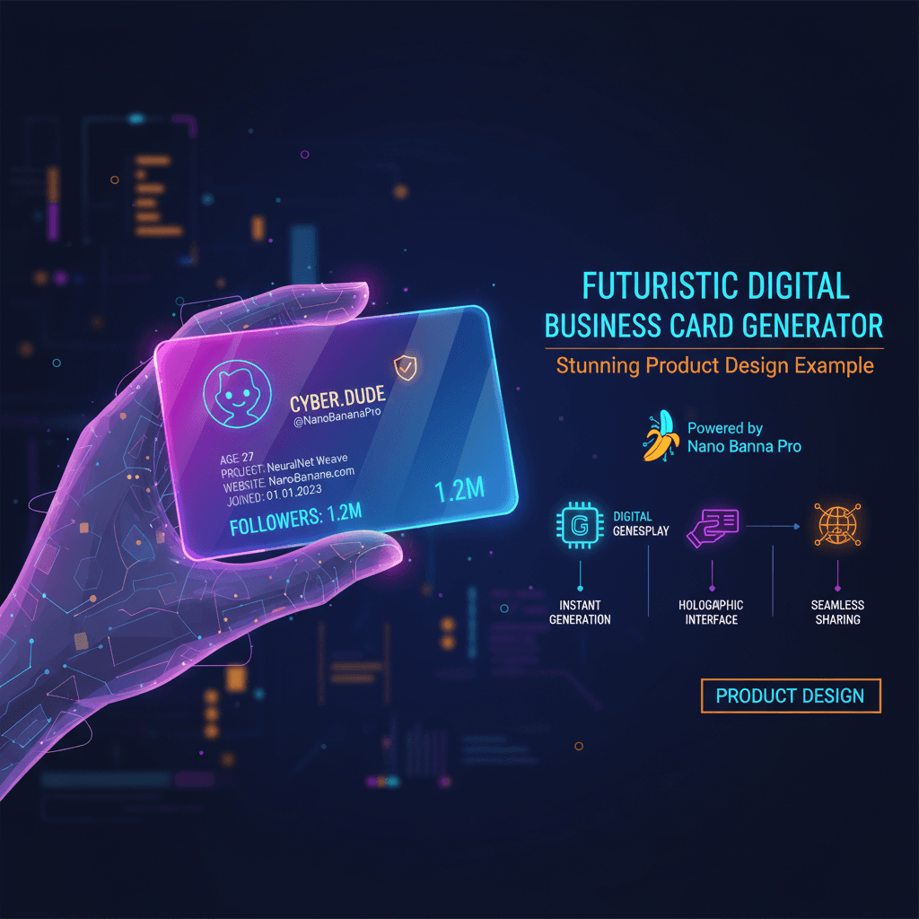 未来感数字名片设计示例,使用Nano Banana Pro AI工具生成,展示产品设计的创新应用。