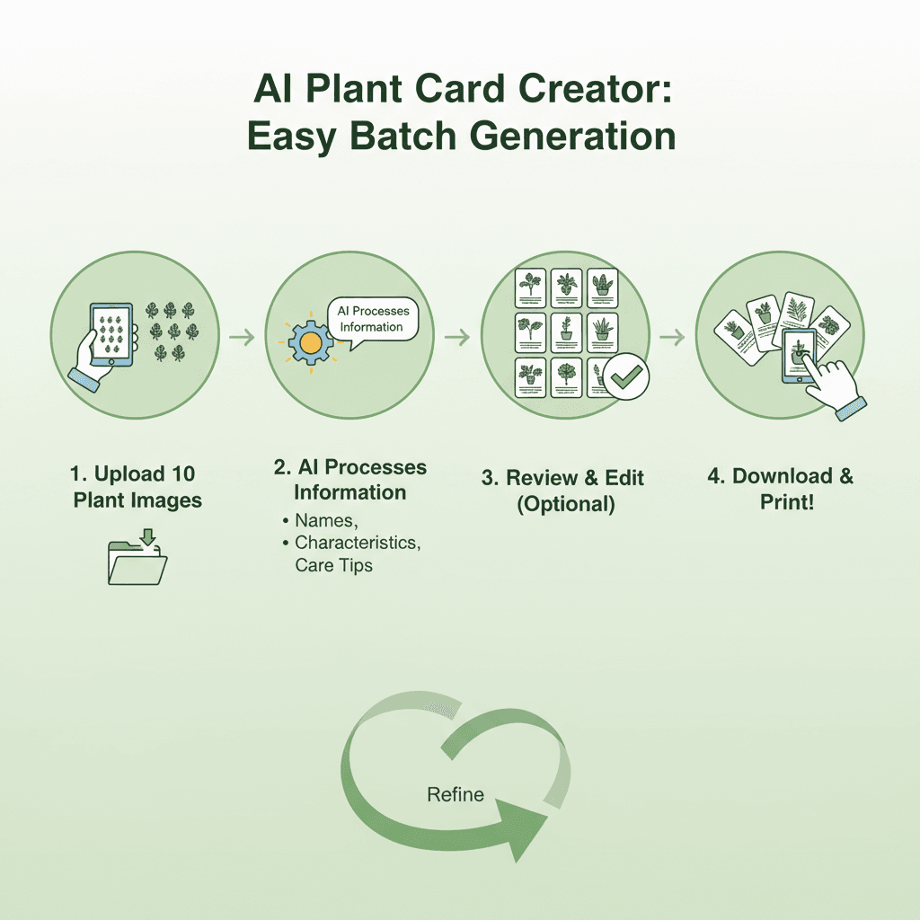 "简洁流程图展示植物介绍卡片批量生成的使用步骤,使用AI工具Nano Banana Pro,强调易用性。"
