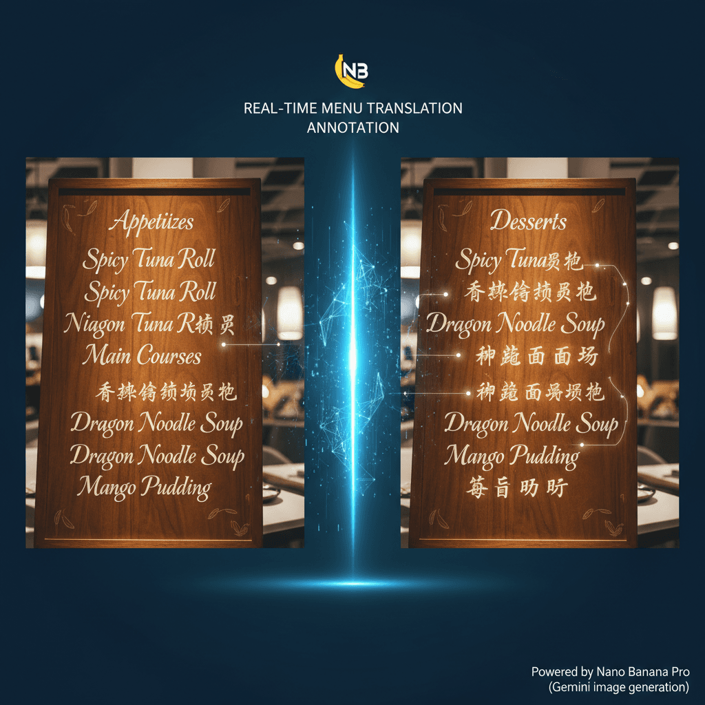 Nano Banana Pro AI生成的菜单实时翻译标注示例,展示精美翻译上色效果。