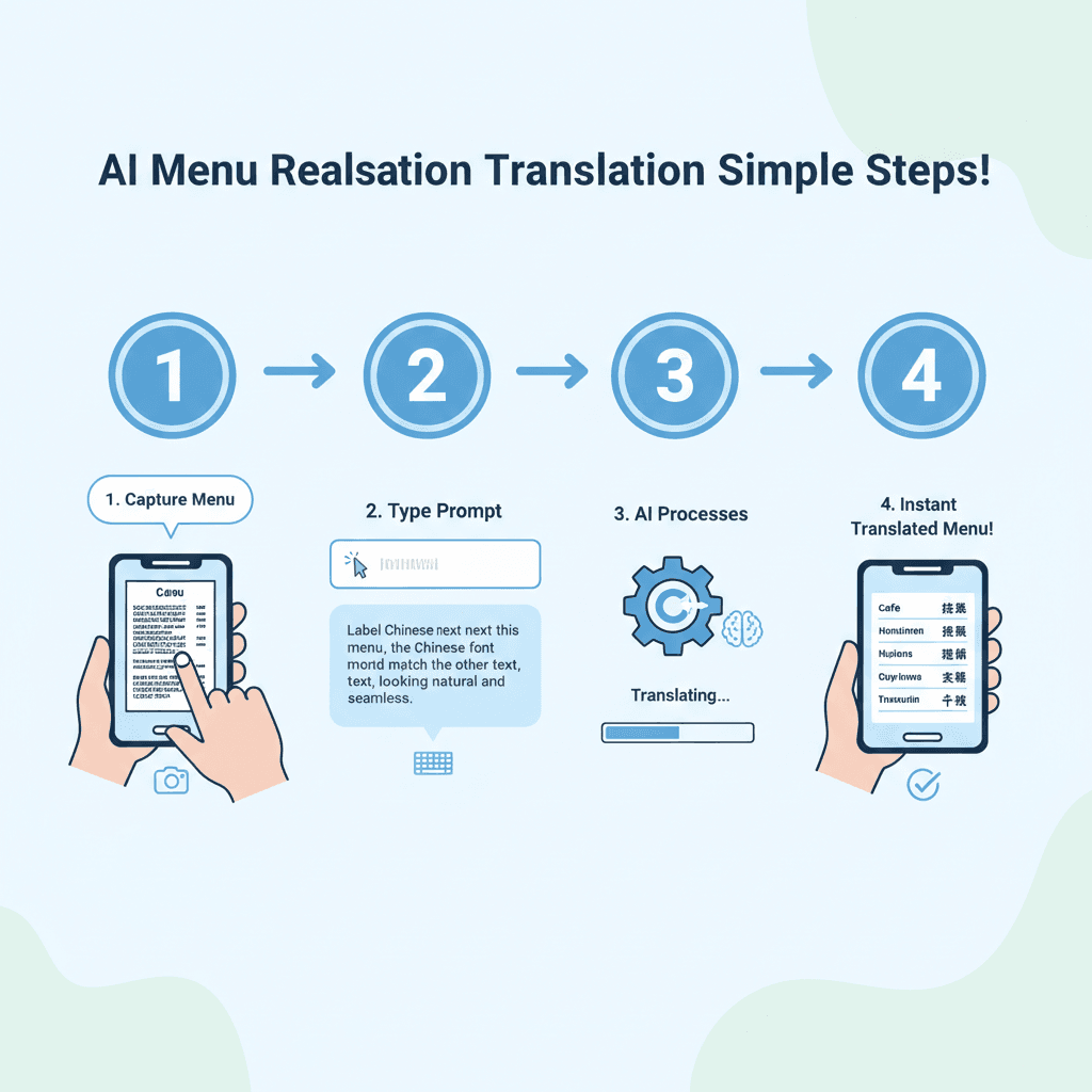 使用步骤:通过AI工具生成菜单实时翻译标注,轻松获取精美翻译示例。