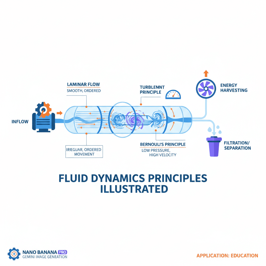 流体动力学原理图解,使用Nano Banana Pro (AI)生成的教育示例,展示流体行为。