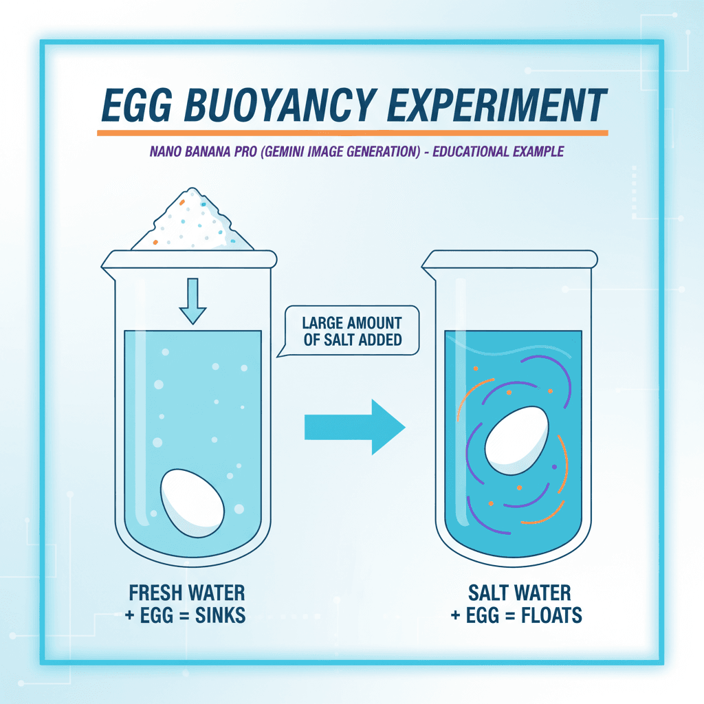 使用 Nano Banana Pro AI 创建的鸡蛋浮力实验图解,展示教育中的科学原理。