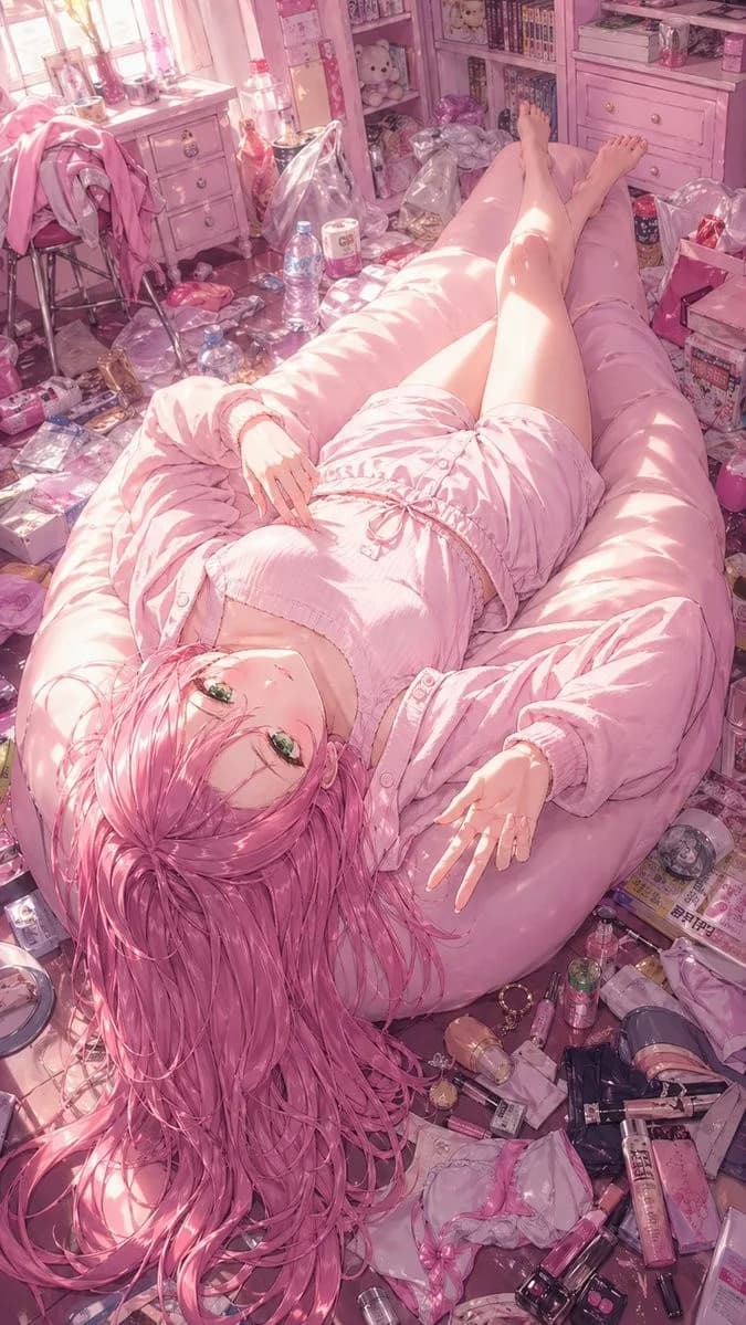 ピンクの寝室の少女