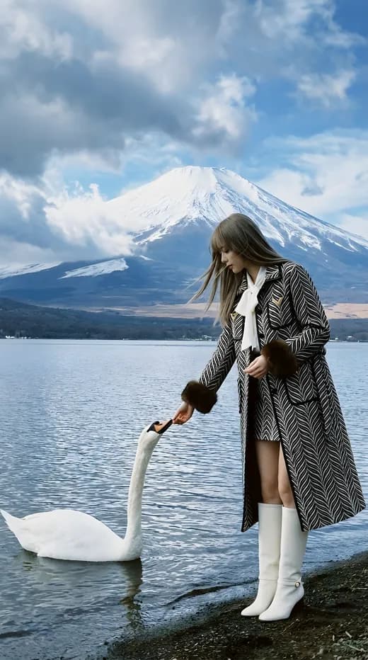 Memberi Makan Angsa di Danau Gunung Fuji