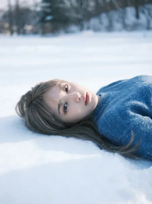 Potret Gadis Bersweater Biru Berbaring di Ladang Salju