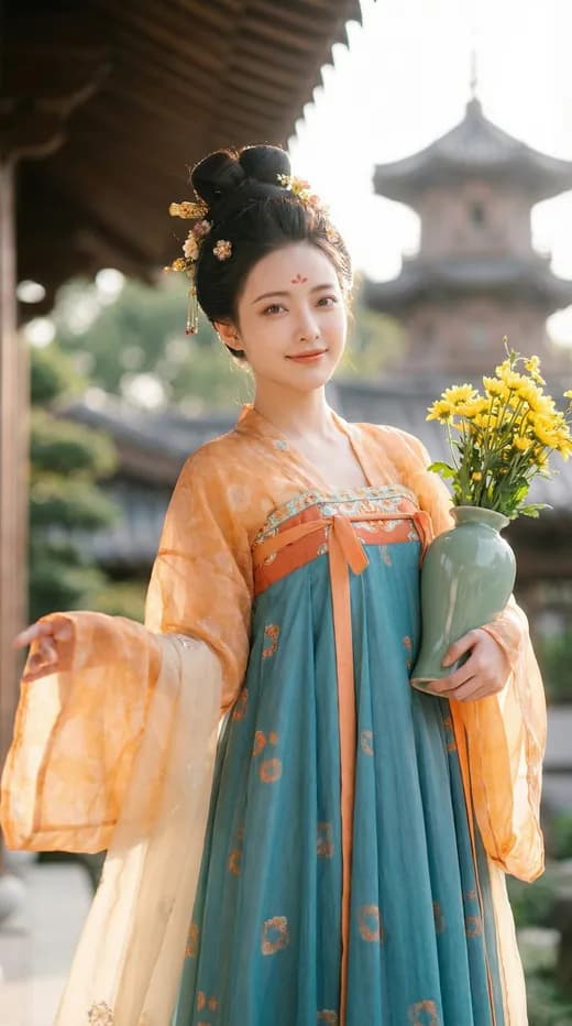 Wanita Hanfu dengan Vas Celadon