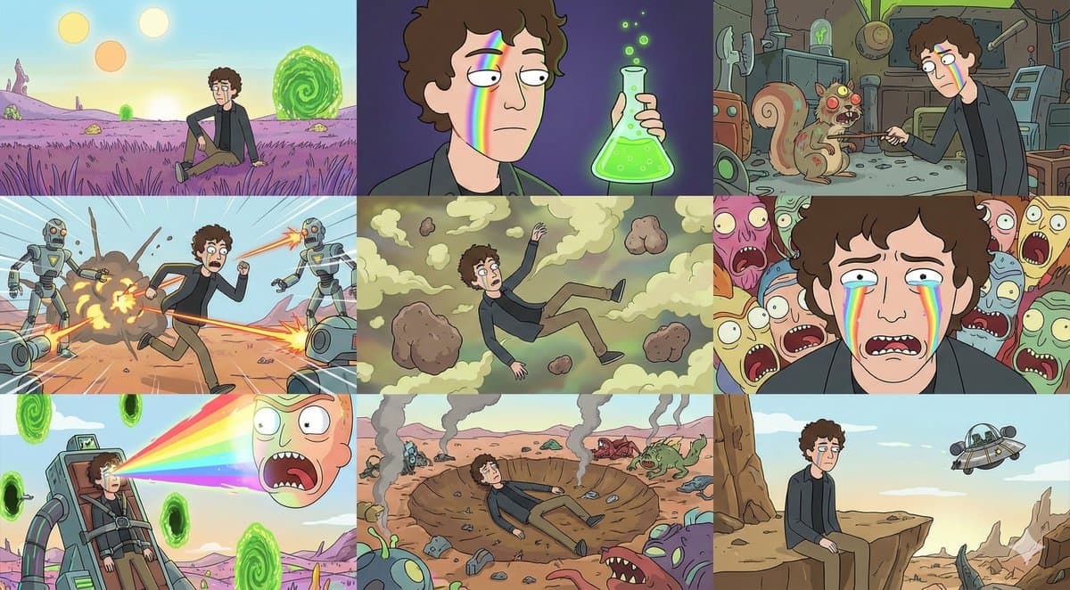 Cuadrícula 3x3 estilo Rick and Morty — Generated result