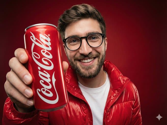 شخص مبتسم يحمل علبة Coca-Cola ألمنيوم