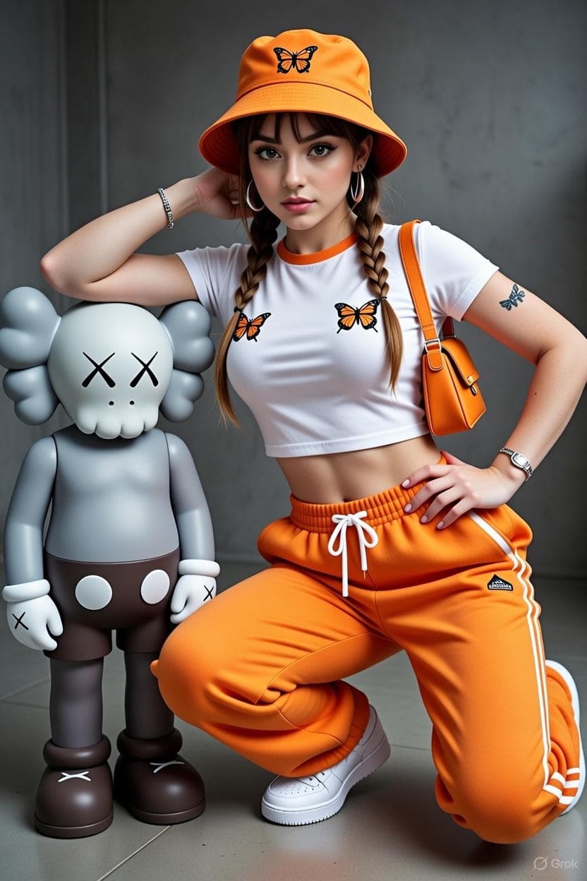KAWS 스타일 아트 조각상 옆에 서 있는 여성
