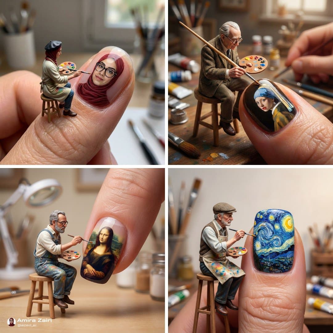 Miniature Artist Painting on Huge Human Nail — Generated result