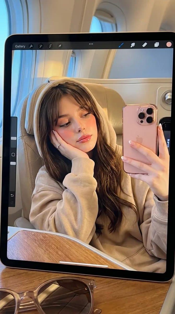 Refleksi Wanita di Layar iPad pada Meja Lipat Pesawat
