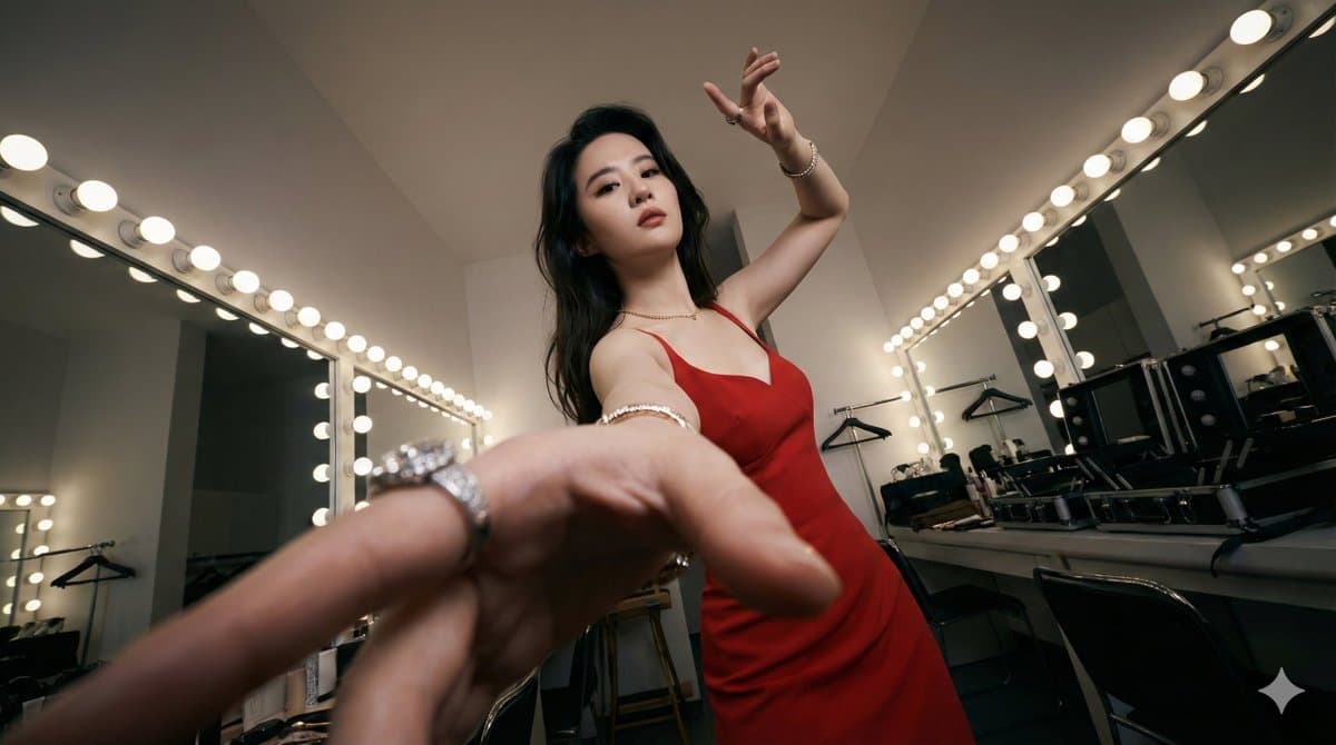 패셔너블하고 복합적이며 강렬한 포즈를 취하세요