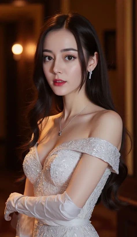 Wanita dengan Gaun Pengantin Renda Putih Off-Shoulder