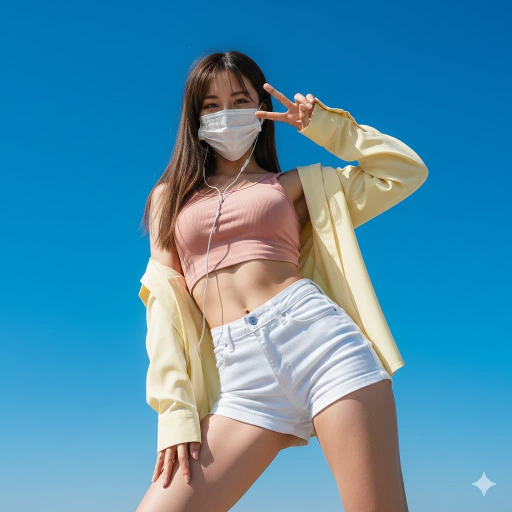 Girl wearing a mask making a peace sign — Generated result