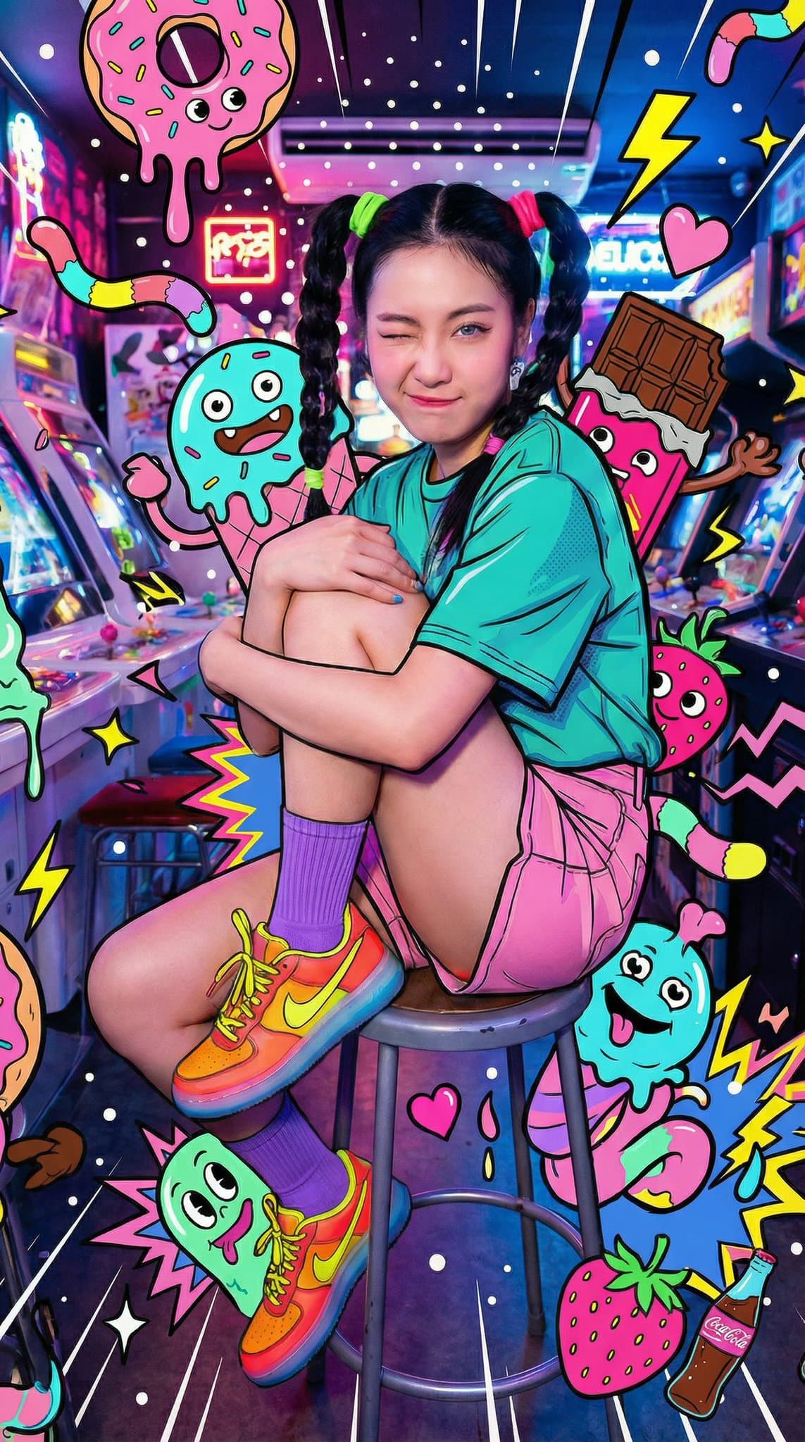 Wanita Muda Menyamping di Bangku Arcade