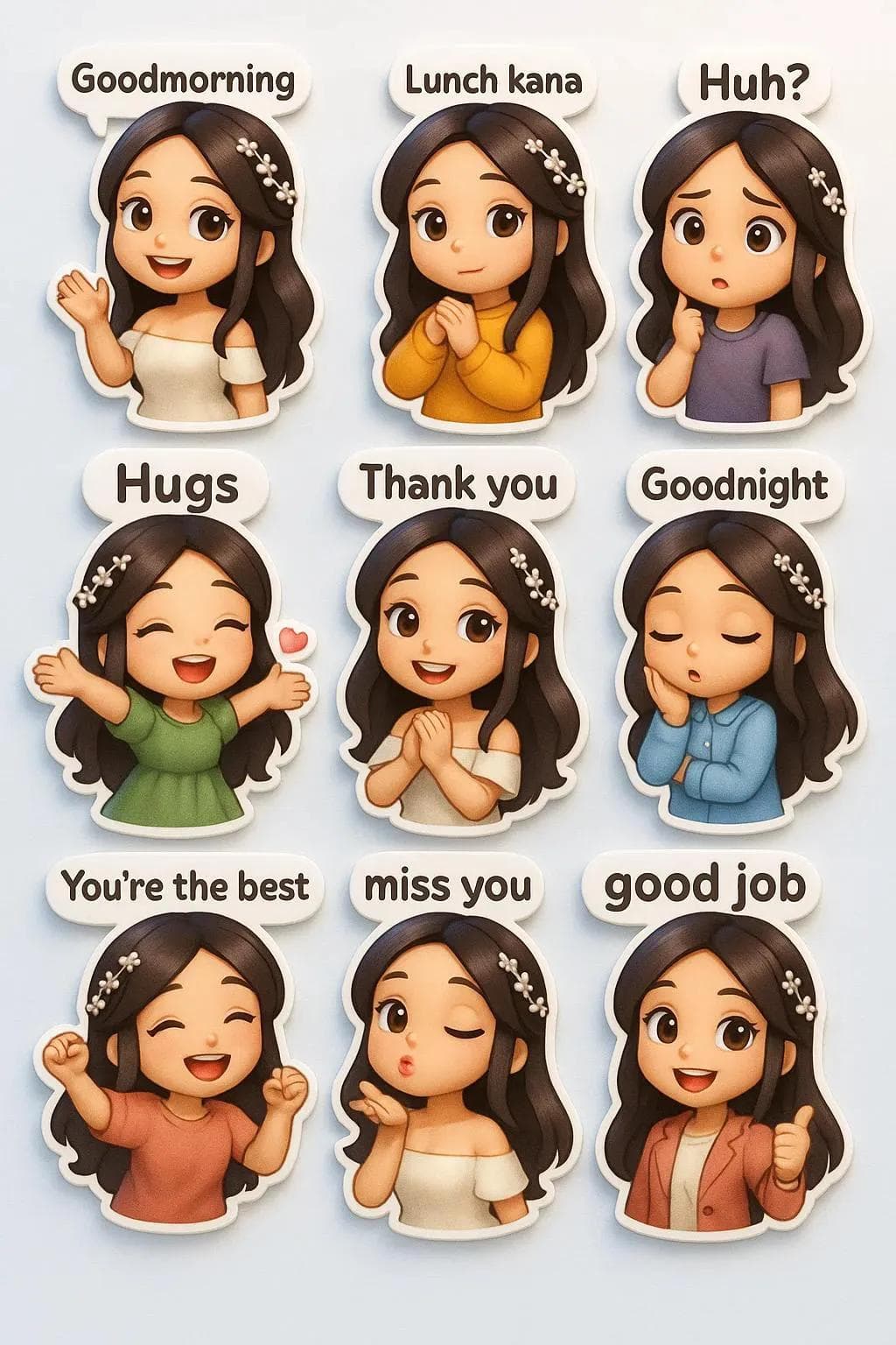 Sticker version Q avec neuf poses vestimentaires et expressions différentes