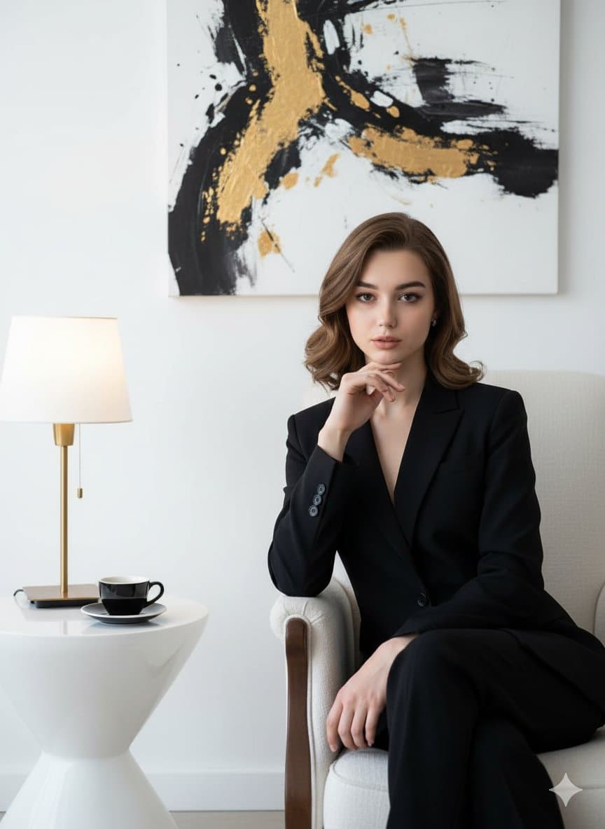 Wanita Elegan Percaya Diri dalam Setelan Hitam