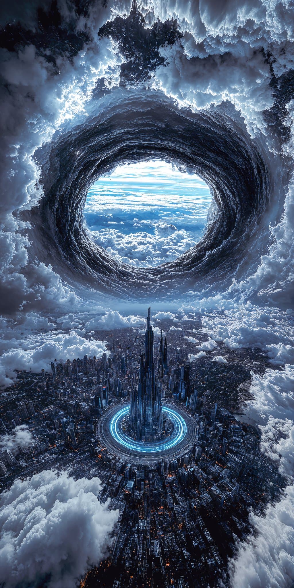 Sebuah Vortex Raksasa di Atas Kota Menembus Awan Badai