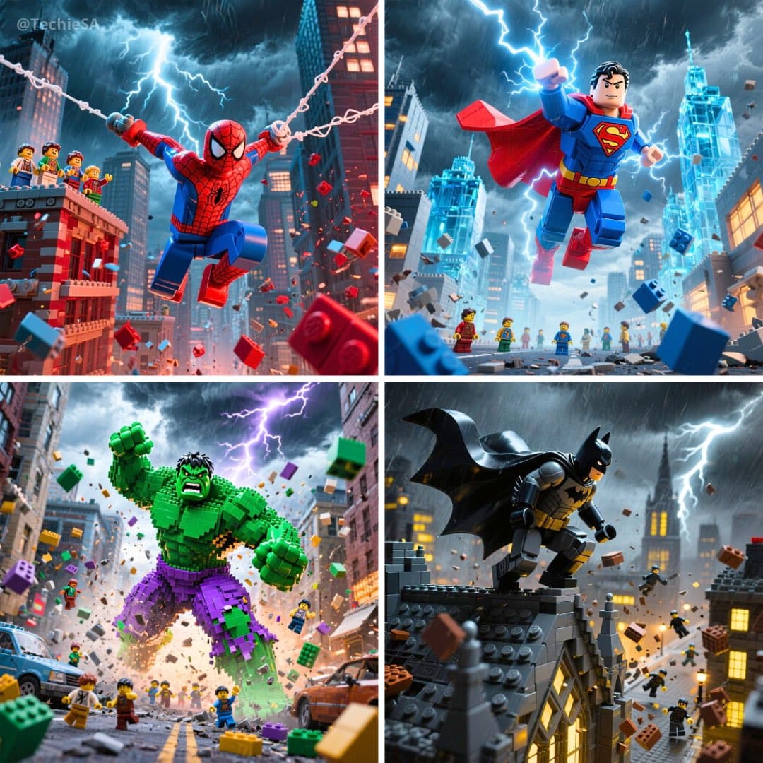Des super-héros Lego prenant des poses dynamiques