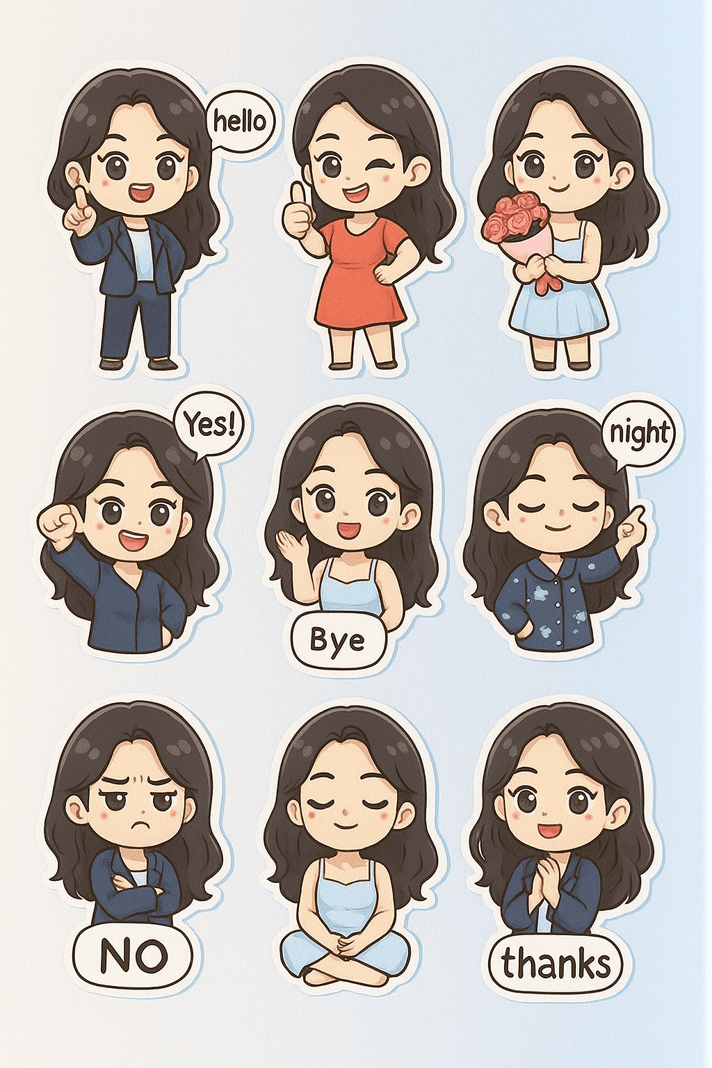 Stickers chibi en grille 9 cases